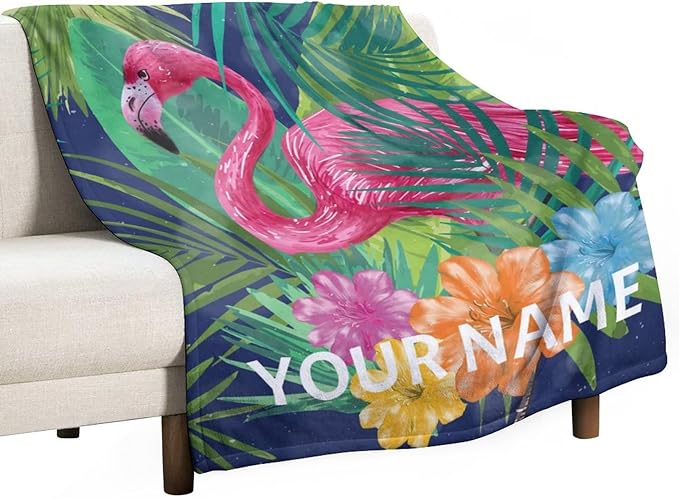 Custom Flamingo Blanket Gifts with Name - 60 x 80 Inches Funny Flamingo Throw for Adults - Green Fluffy Comfort Furry Blankets for Bed