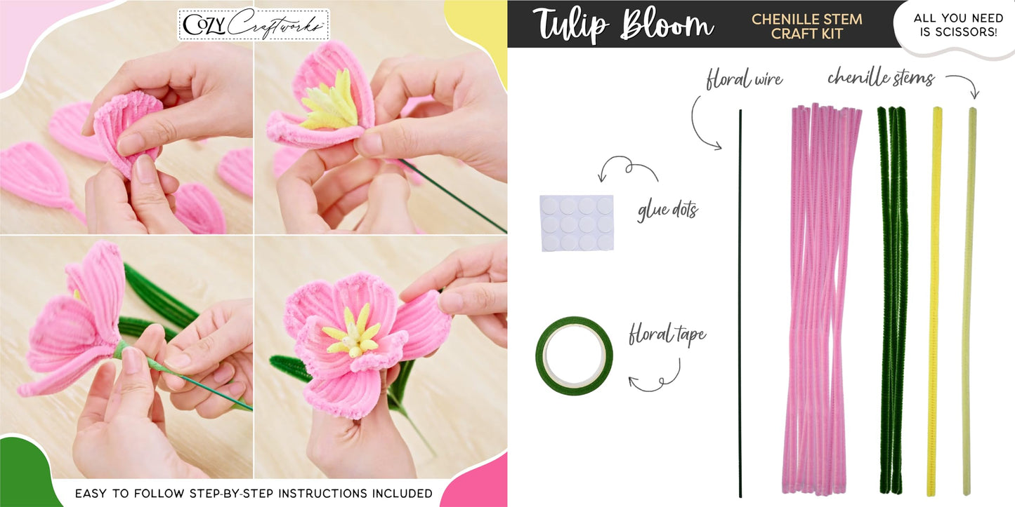 WeVeel Chenille Stem Flower Craft Kit for Adults – Create 6 Colorful Blooms (Lily, Rose, Calla Lily, Tulip, Gerbera & Daisy) – Relaxing DIY Arts & Crafts Kit with All Supplies