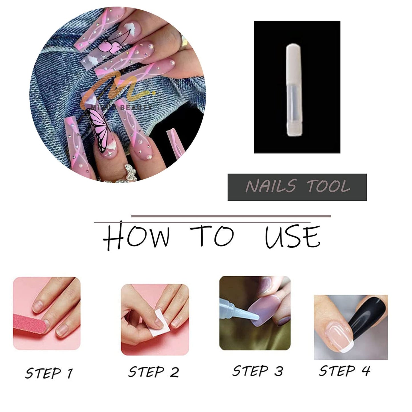 MISUD Press on Nails - Long Coffin Glue on Nails with Butterfly Rhinestone, Acrylic Pink Design 24 pcs