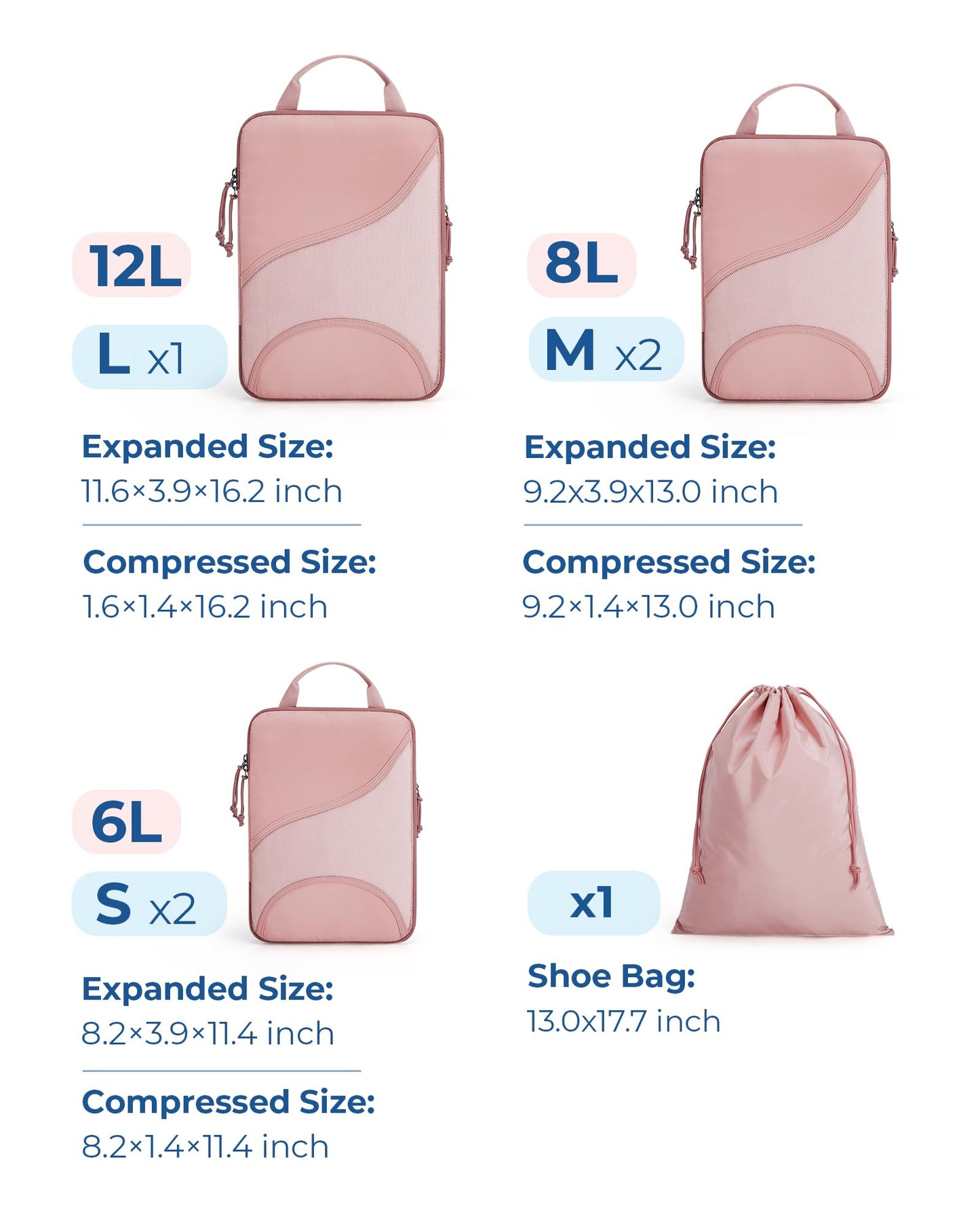 BAGSMART Compression Packing Cubes - 6 Set Travel Packing Cubes for Suitcases, Compression Suitcase Organizers with Shoe Bag Baby Pink