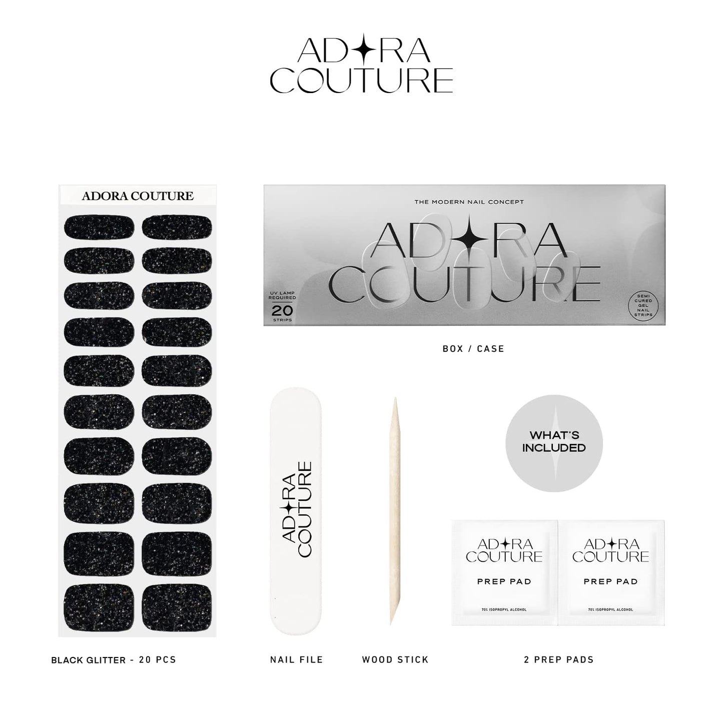Adora Couture Semi Cured Gel Nail Strips with 20 Pieces - UV Gel Stickers, Manicure Kit, Easy Application Wraps Includes Prep Pads, Nail File, Wooden Stick - UV Light Required (Black Galaxy)