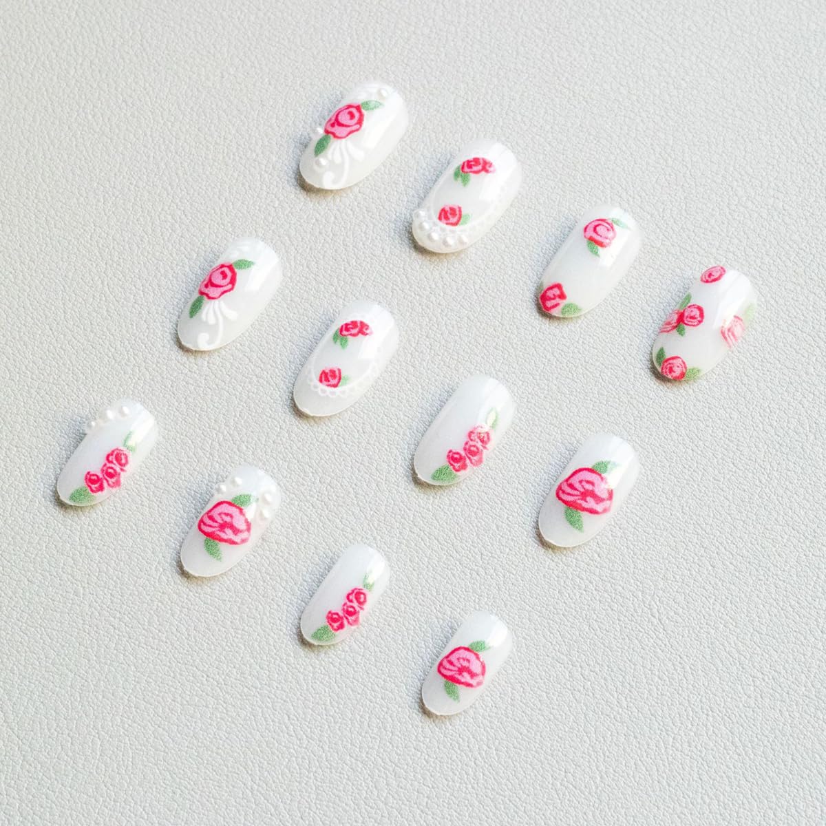 Spring Press on Nails Medium Oval Fake Nails Flower Nails Press ons with Pink Rose Design,Cute Reusable Artificial Nail Full Cover Stick on Nails for Women Manicure 24Pcs