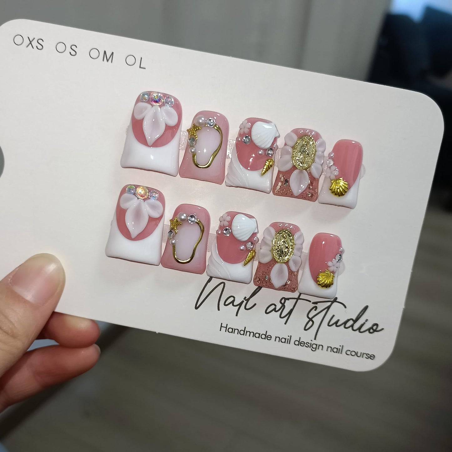 TENPAL Duckbill Press on Nails - White Blushing French Ombre Fake Nails with 3D Floral & Shell Design For Women Girls | Salon Quality Handmade Elegant Classic Style False Nails with Tools(L)