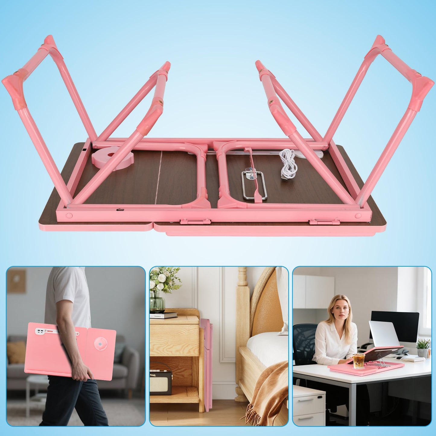 Laptop Bed Desk, Adjustable Lap Desk, Small Laptop Table with USB Charge Port, Desktop Card &Pen Slot, Cup Holder, Foldable Bed Tray Table for Couch Sofa Chair Floor Eating Working