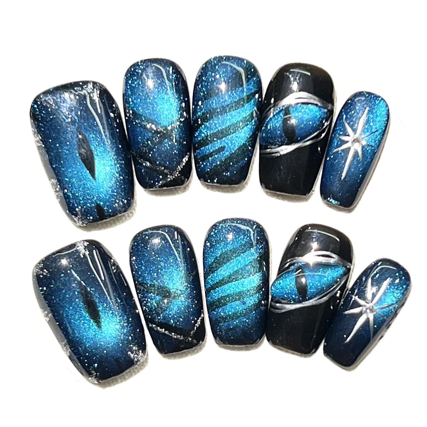 Handmade 3D Blue Black Glitter Square Press On Nails, Edgy Line Star Artisan Nails Set, Reusable Glossy Press-ons with Tool Kit (S)