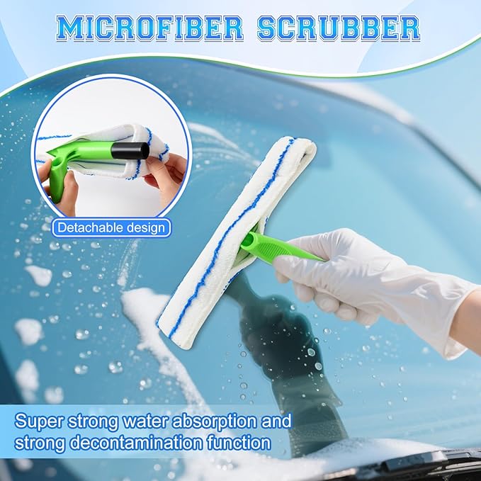 Window Cleaning Kit, Window Squeegee, Recyclable Silicone Window Squeegee Kit, 3 in 1 Glass Cleaning Tool with Rotatable Rubber Microfiber Scrubber (1 Set)