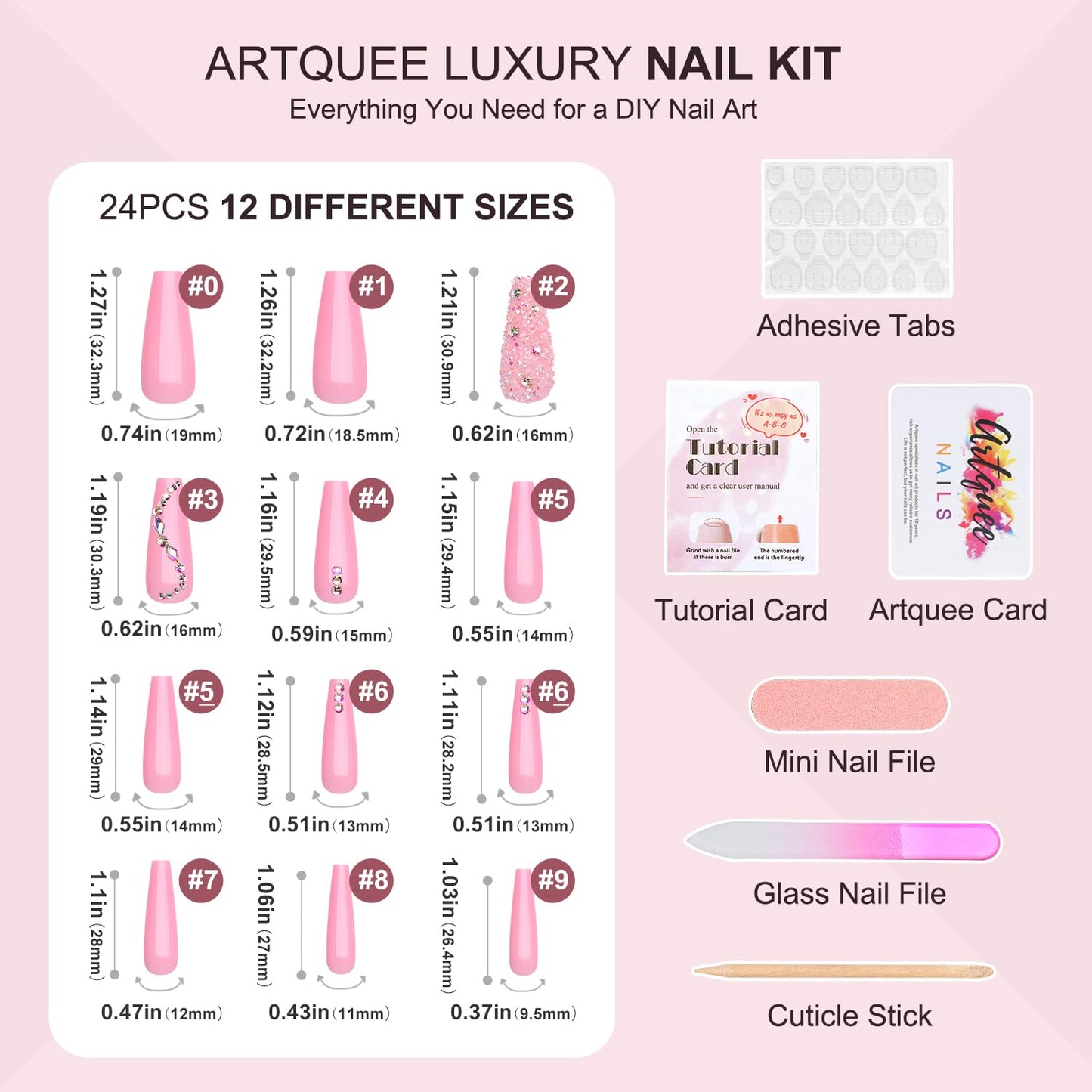 Artquee 24Pcs Pink Coffin Press on Nails Long Fake Nails with Rhinestones Design Reusable False Nail Art Manicure Stick on Nails Kit for Women
