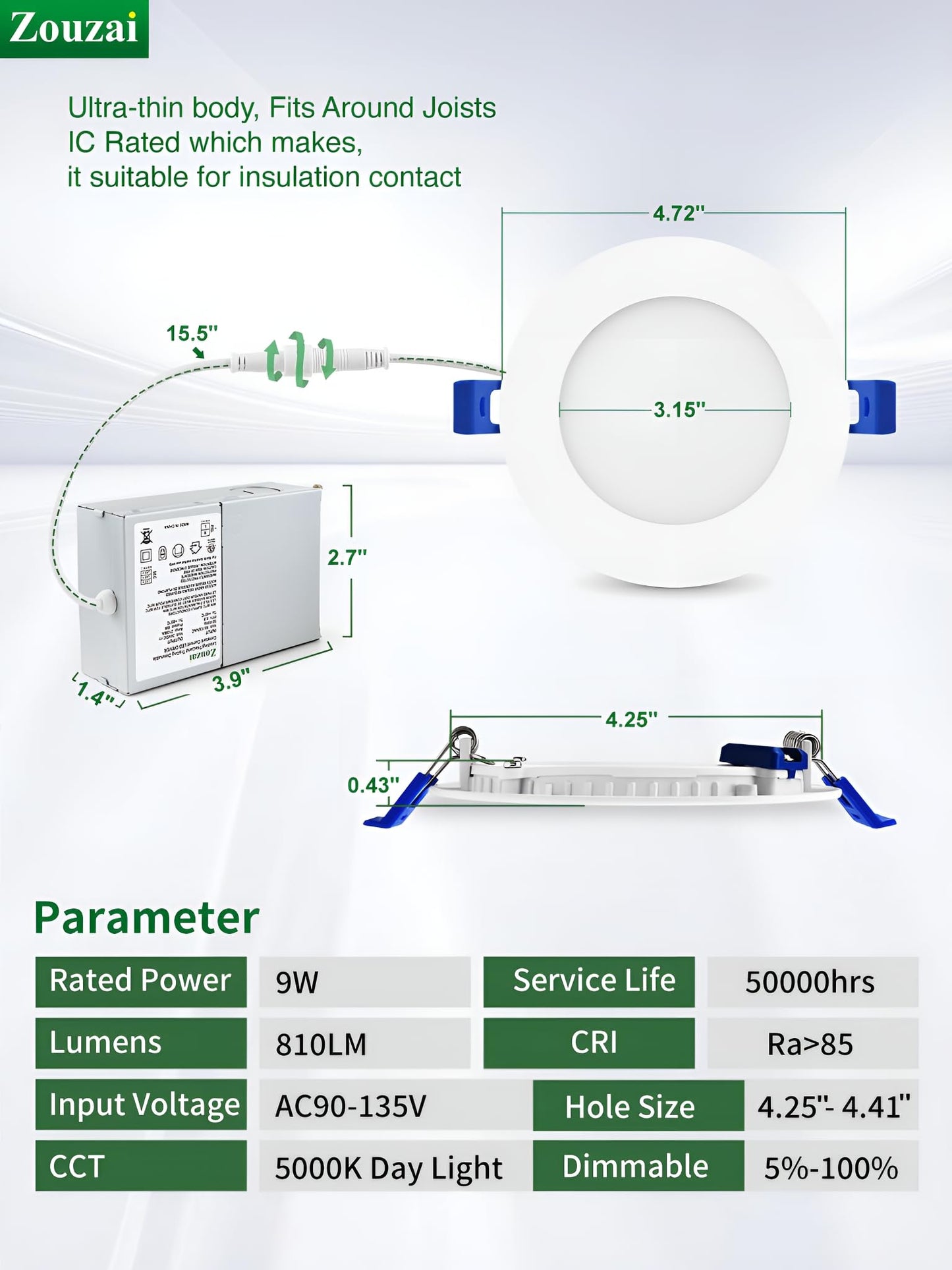 zouzai 12 Pack 4 Inch Ultra-Thin LED Recessed Ceiling Light with Junction Box, 5000K Daylight, 9W Eqv 80W, Dimmable Canless Wafer Downlight, 810LM High Brightness, ETL and Energy Star Certified