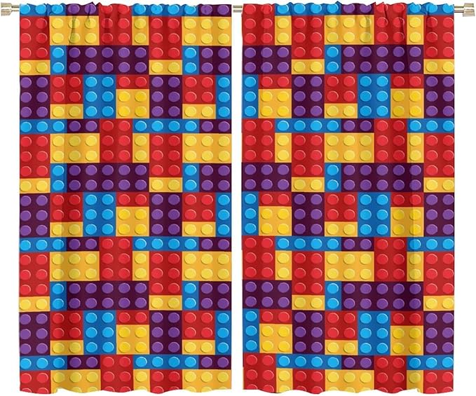 Building Block Colored Curtains, Children's Themed Curtains Collection Building Block Patchwork Cartoon Print Curtains, Light Trim 2 Panel Set Rod Pockets 72x63in