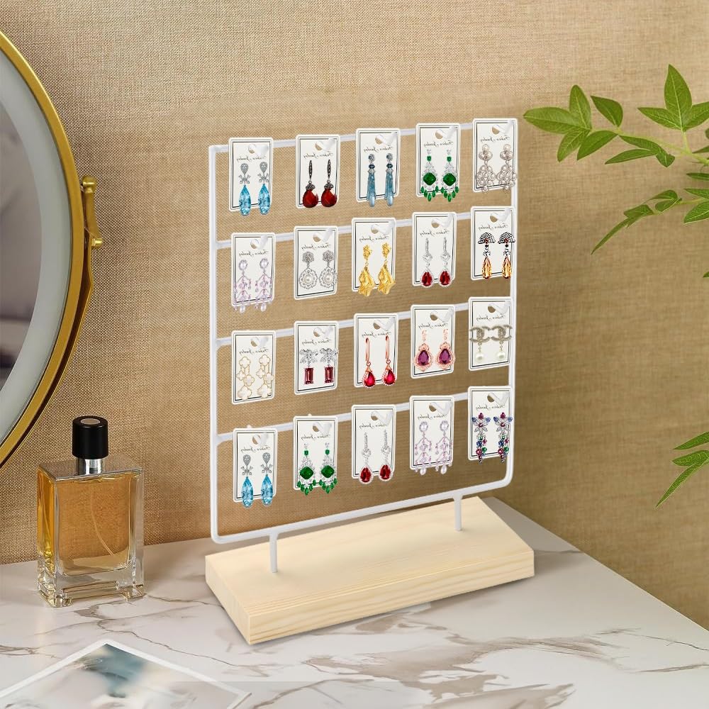 Kvittra Earring Display Stand for Selling, Wood Earring Rack Display Holder Stand, 4 Tier 20 Hooks Jewelry Display for Selling with 40pcs Earring Cards, Bracelets, Rings, Necklaces