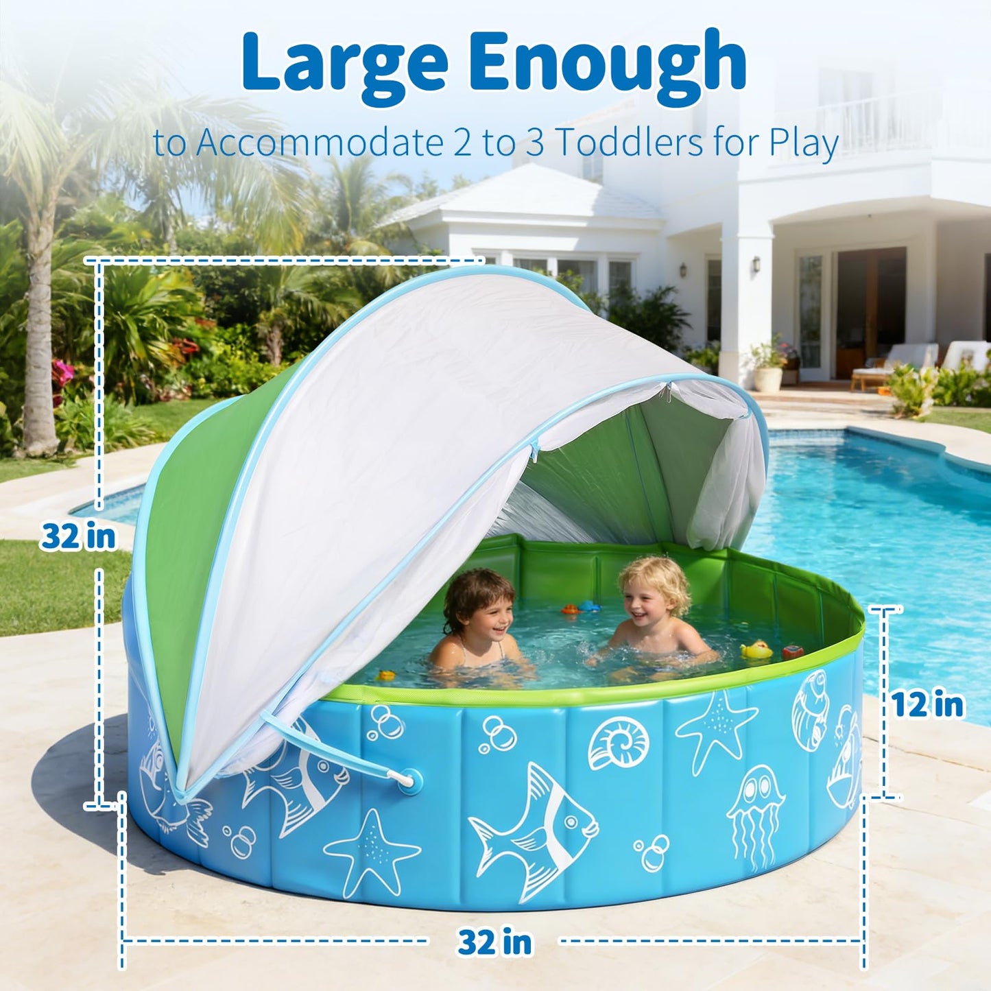 47"‌ Foldable Kiddie Pool with Canopy, Suitable for Toddlers and Babys Aged 1-5 Years, Designed for Use in Backyard, Beach, Park, Blue and Green(No Sprayer)