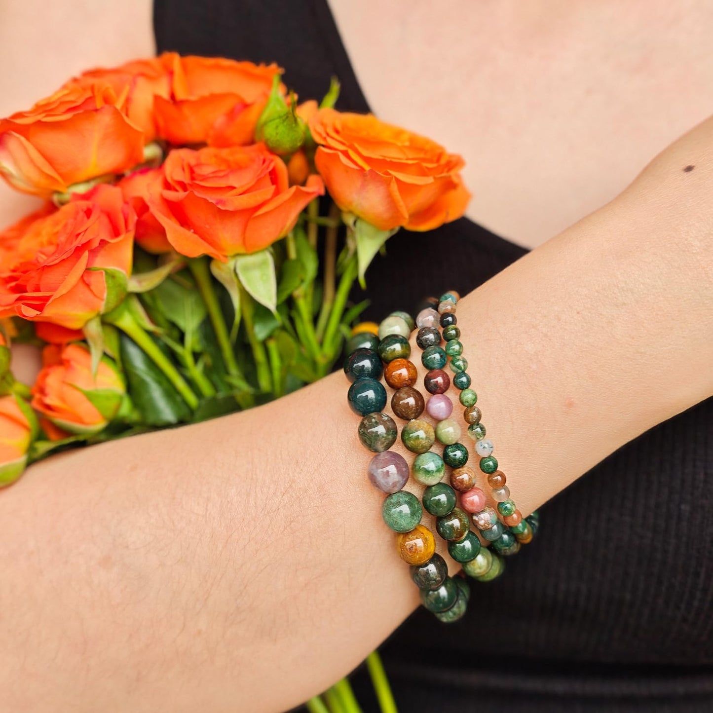 Handmade Natural Gemstone Elastic Bracelet - Healing Crystal Beads Jewelry, Unisex (Indian Agate, 8mm)