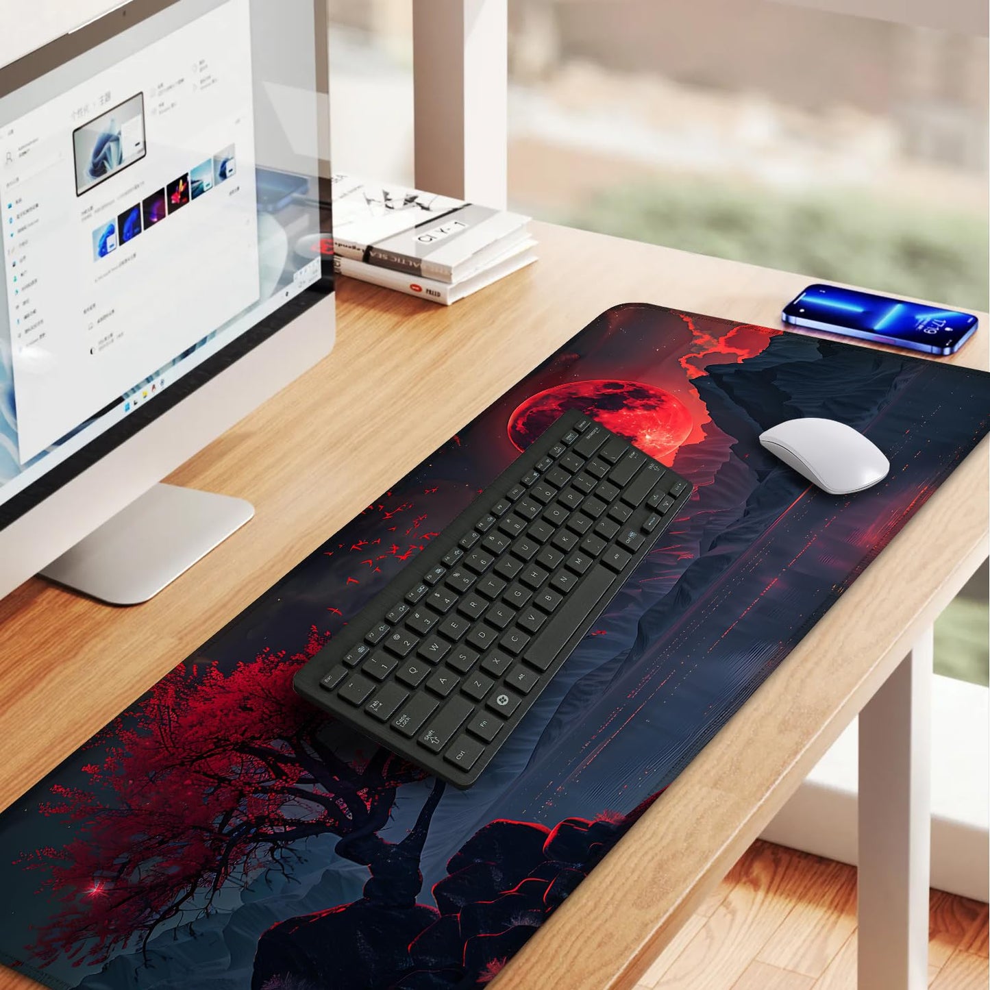 Red Moon Mouse Pad XXL – Large Gaming Desk Mat with Dark Mountain Landscape & Sakura Tree, Extended Mousepad with Non-Slip Base for Office, Gamer Setup,31.5 x 11.8 in