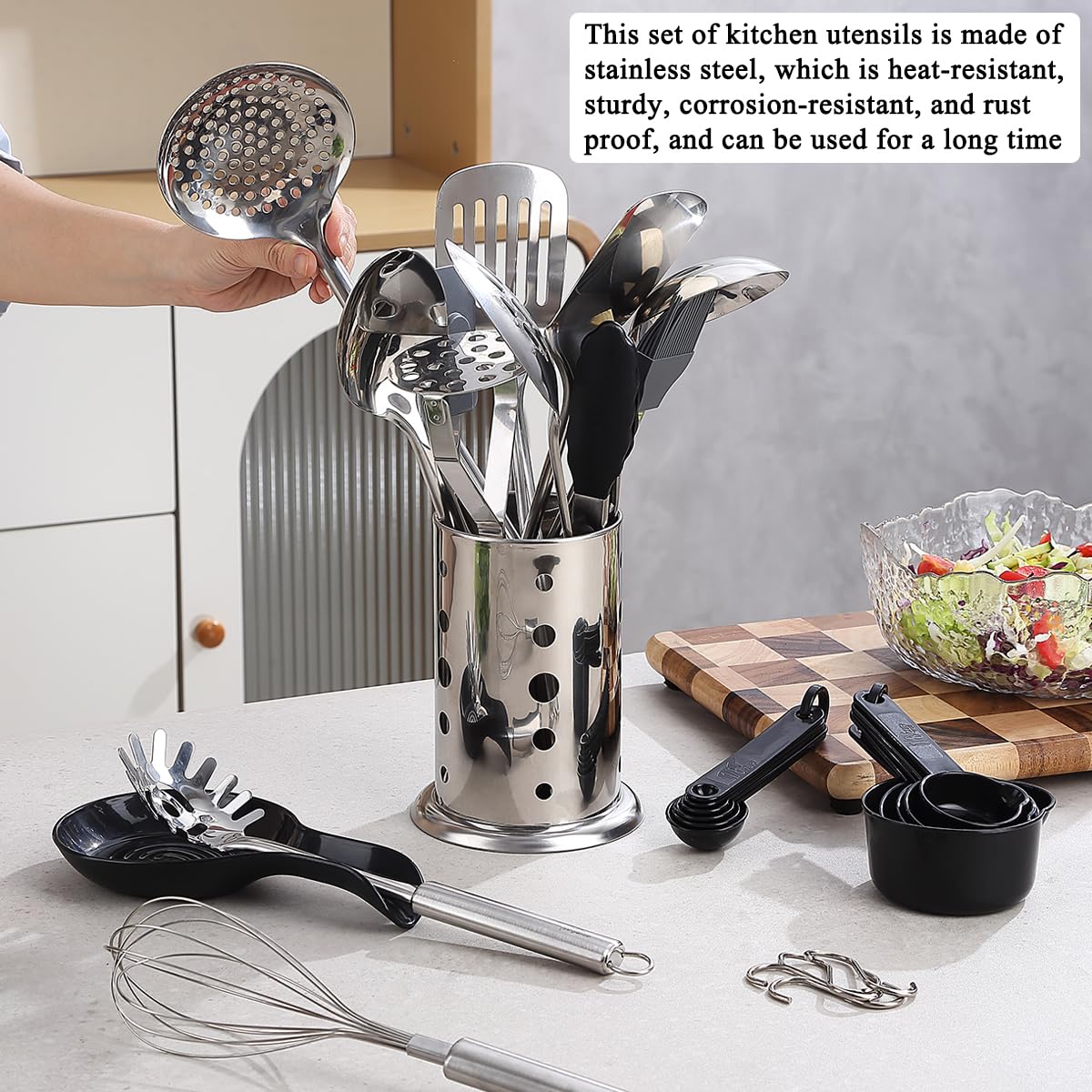Reanea Kitchen Utensils Set, 39 Pieces Stainless Steel Cooking Utensils Set, Spoon Spatula Set with Sturdy Stainless Steel Utensil Holder, Dishwasher Safe