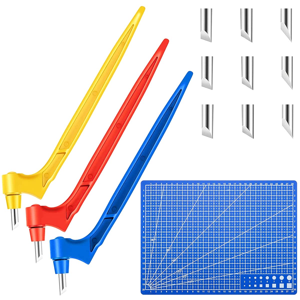 Craft Cutting Tools Kit Set of 3 ，360 Degree Rotating Cutting Tools Art Cutting Tools with Cutting Pen, 15°, 30°, 45° Blades Cutting Mat for DIY Craft Hobby Scrapbook Stencil(Yellow, blue and red)