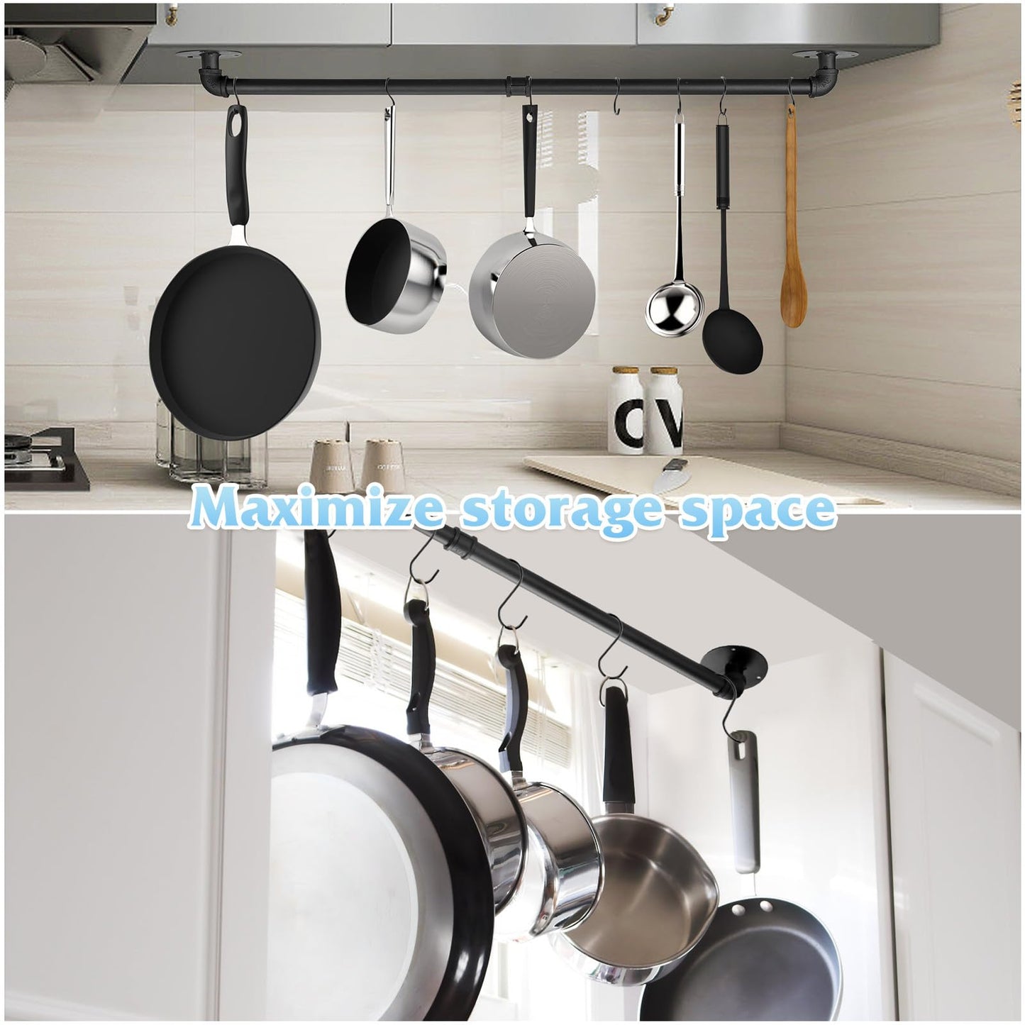 Boshangjia 24 inch Pot Rack Wall Mounted Pot Hangers for Kitchen, Detachable Storage Organizer, Industrial Pipe Lids Utensils Hanging Rail Iron Holder with 6 S Hooks, Black