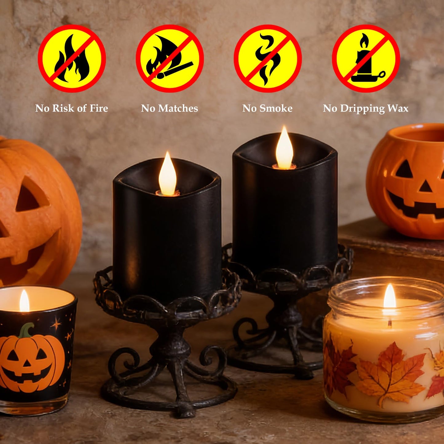 Woocodowe Black Flameless LED Candles, Black Battery Operated Candles with Remote Timer, 3"x3" Real Wax 2-Pack, 3D Flickering Flame Last 600+ Hours, Ideal for Halloween Christmas Gothic Home Decor
