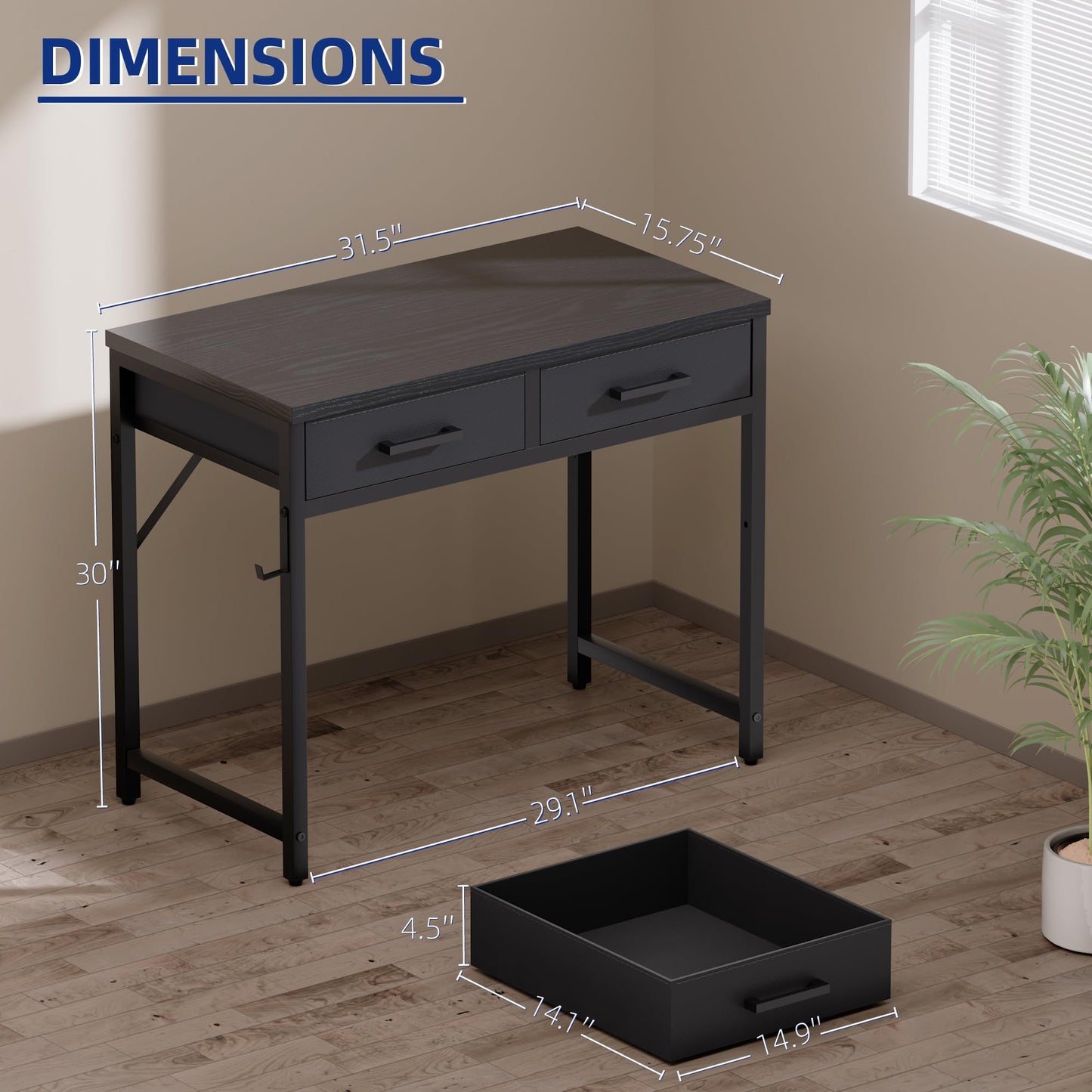 Pamray 32 Inch Small Computer Desk with 2 Drawers for Bedroom Study Writing Home Office Table for Small Spaces Brown
