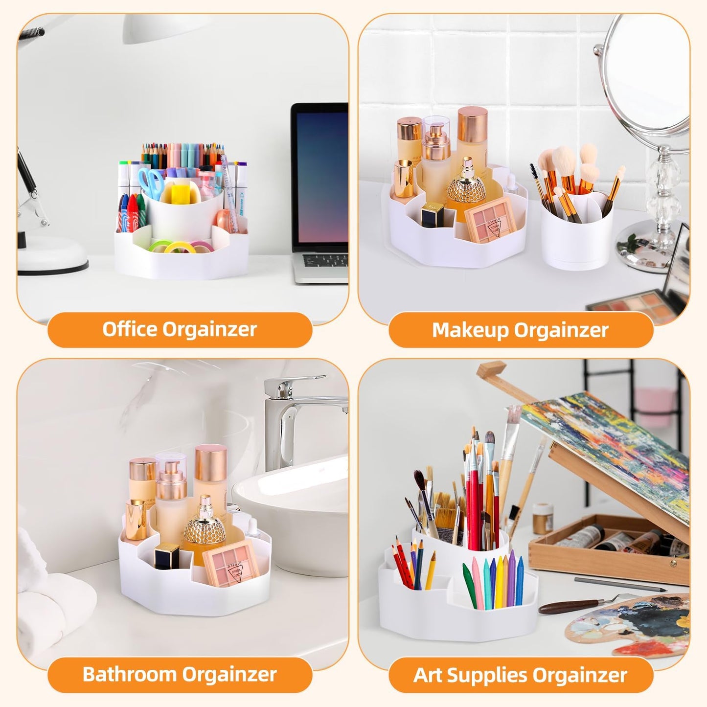 UGWKivd Rotating Desk Pen Organizer, 13 Storage Slots, Large Capacity Pen & Marker Holder, Multifunctional Desktop Organizer for Stationery, Cosmetics, and Kitchen (White)