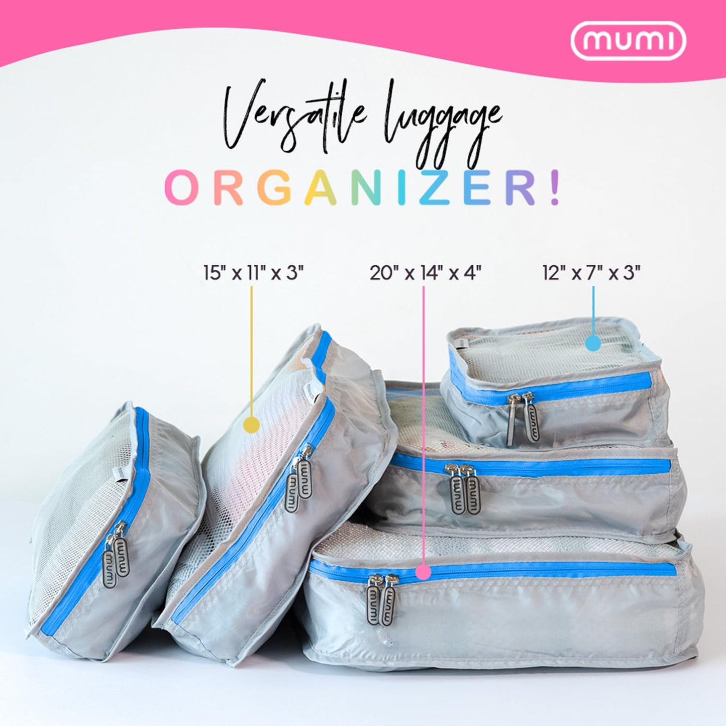 MUMI Packing Cubes - 5 Compression Packing Cubes for Travel, Luggage Organizer Bags for Suitcases, Carry-On, Duffle or Backpack – Mesh, Waterproof Bags for Clothes, Kids & Travel Accessories - Orange