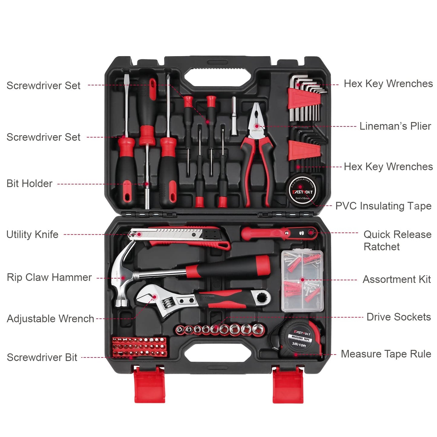 Eastvolt 128-Piece Home Repair Tool Set, Tool Sets for Homeowners, General Household Hand Tool Set with Storage Toolbox, EVHT12801, Black + Red (ASK01)