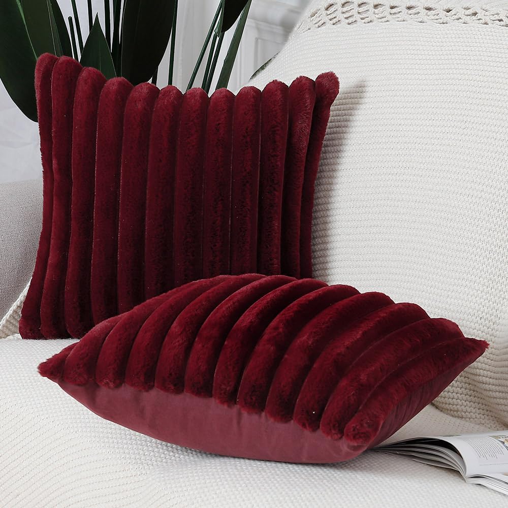 MADIZZ Set of 2 Faux Wool Plush Decorative Throw Pillow Covers 20x20 Inch Burgundy Fluffy Striped Soft Decorative Cushion Cover for Sofa Bedroom Pillow Shell