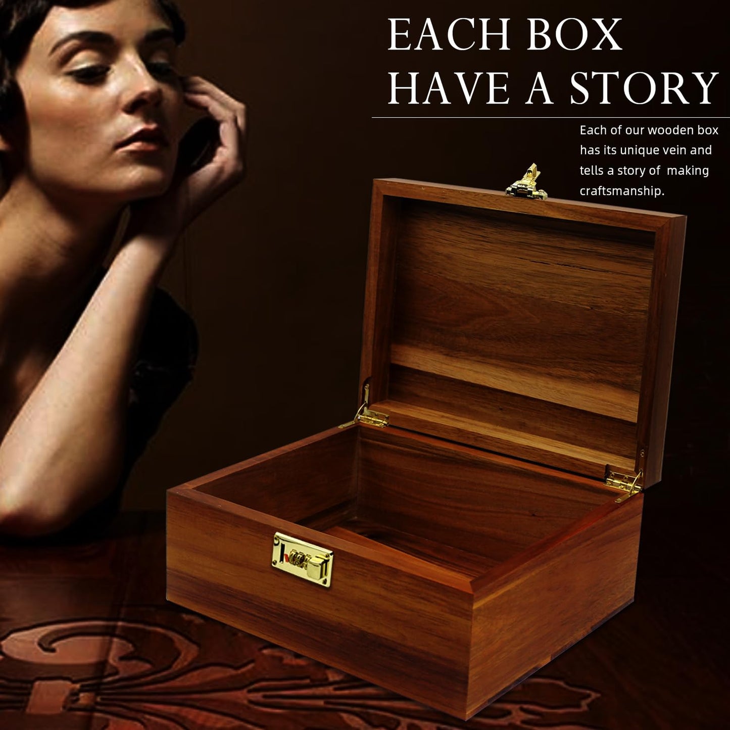 MFLUEEWR Large Wooden Box with Hinged Lid with Combination Lock,Wood Storage Box Decorative Lockable Chest for Keepsakes, Valuables, Accessories, Treasured Items(Code No Grid)