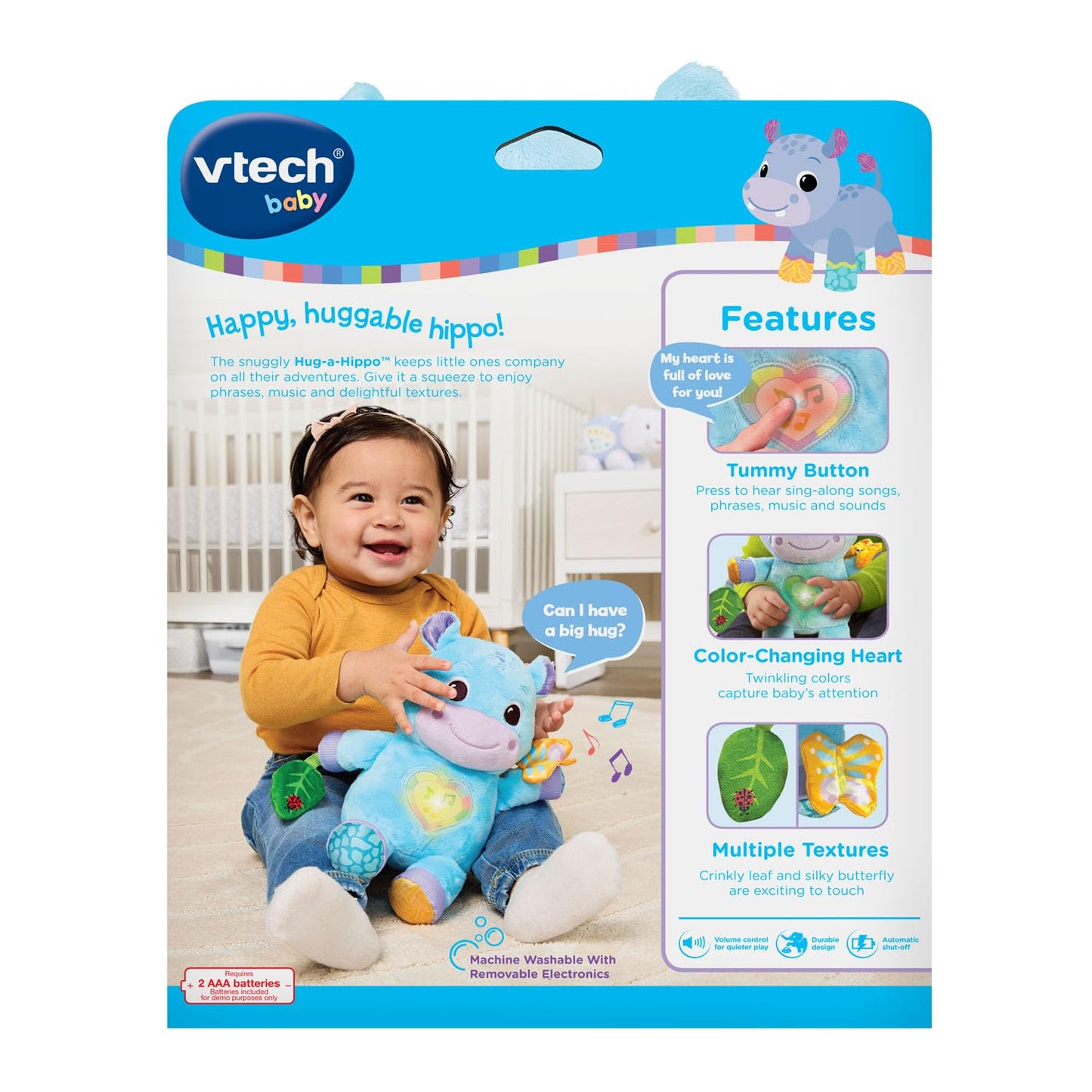 VTech Baby Hug-a-Hippo Musical Plush Toy with Lights and Textures, Blue