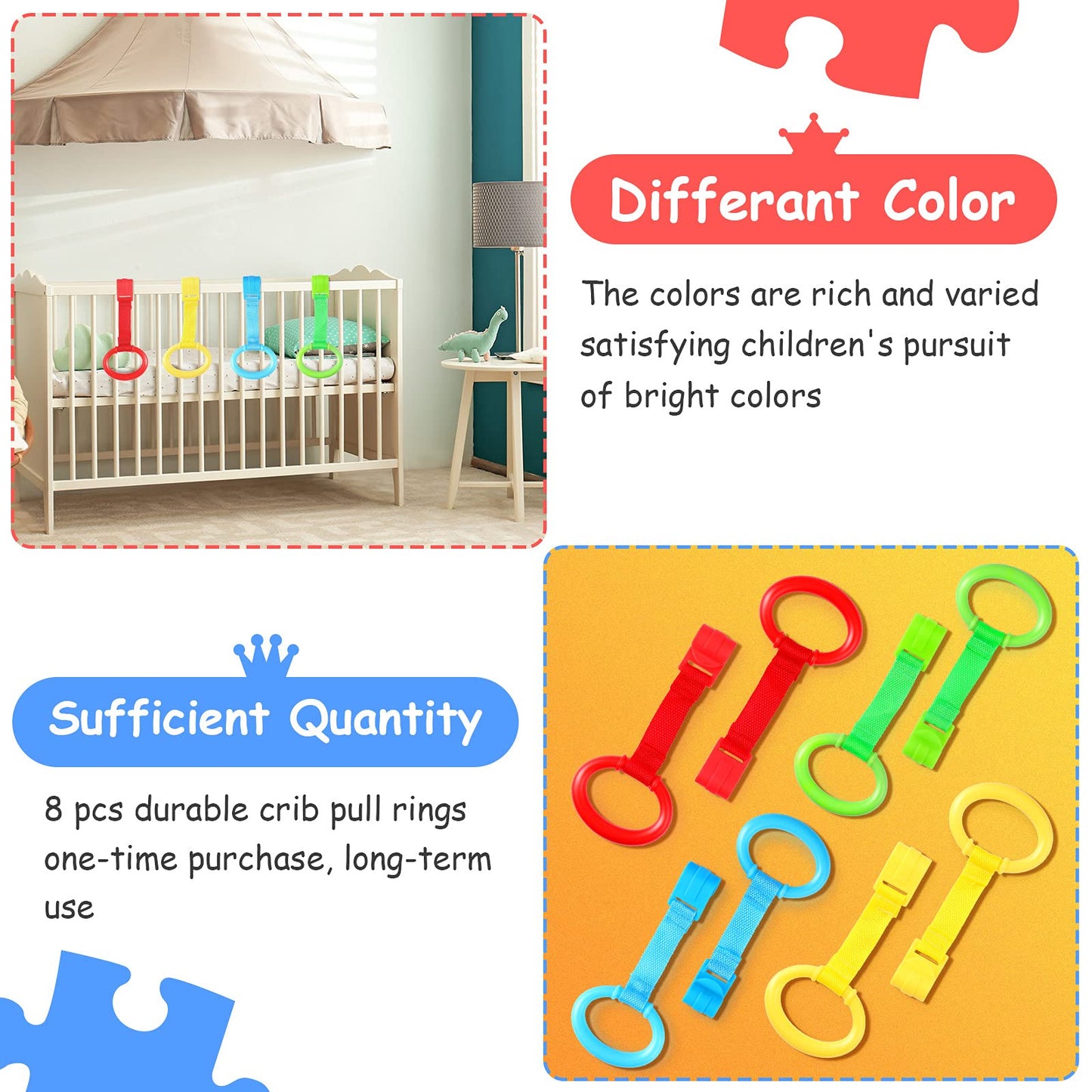 Sumind 8 Pieces Baby Pull up Rings for Playpen Baby Crib Pull Ring Baby Walking Exercises Assistant Bed Stand up Hanging Tool for Infant Toddler Practice