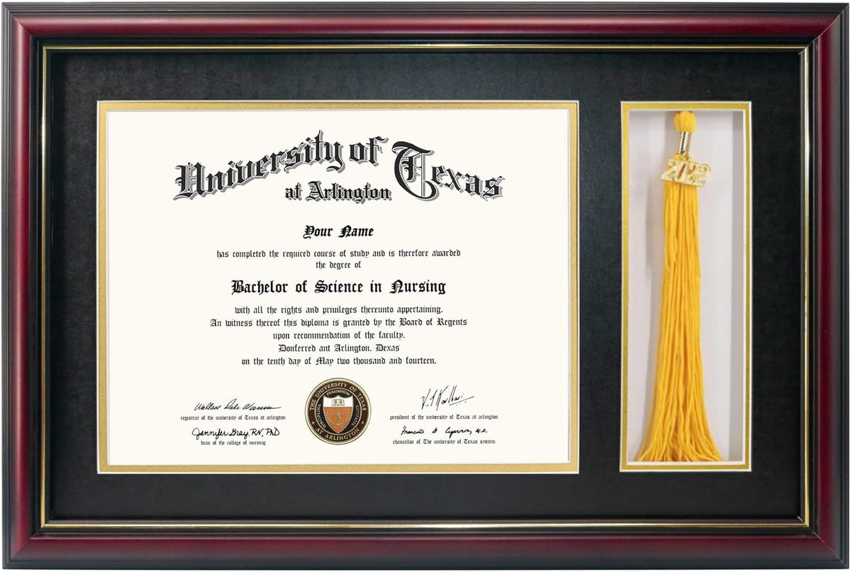 GraduationMall 11x17 Cherry Wood Diploma Frame with Tassel Holder for 8.5x11 Certificate Document,Real Glass,Black over Gold Mat