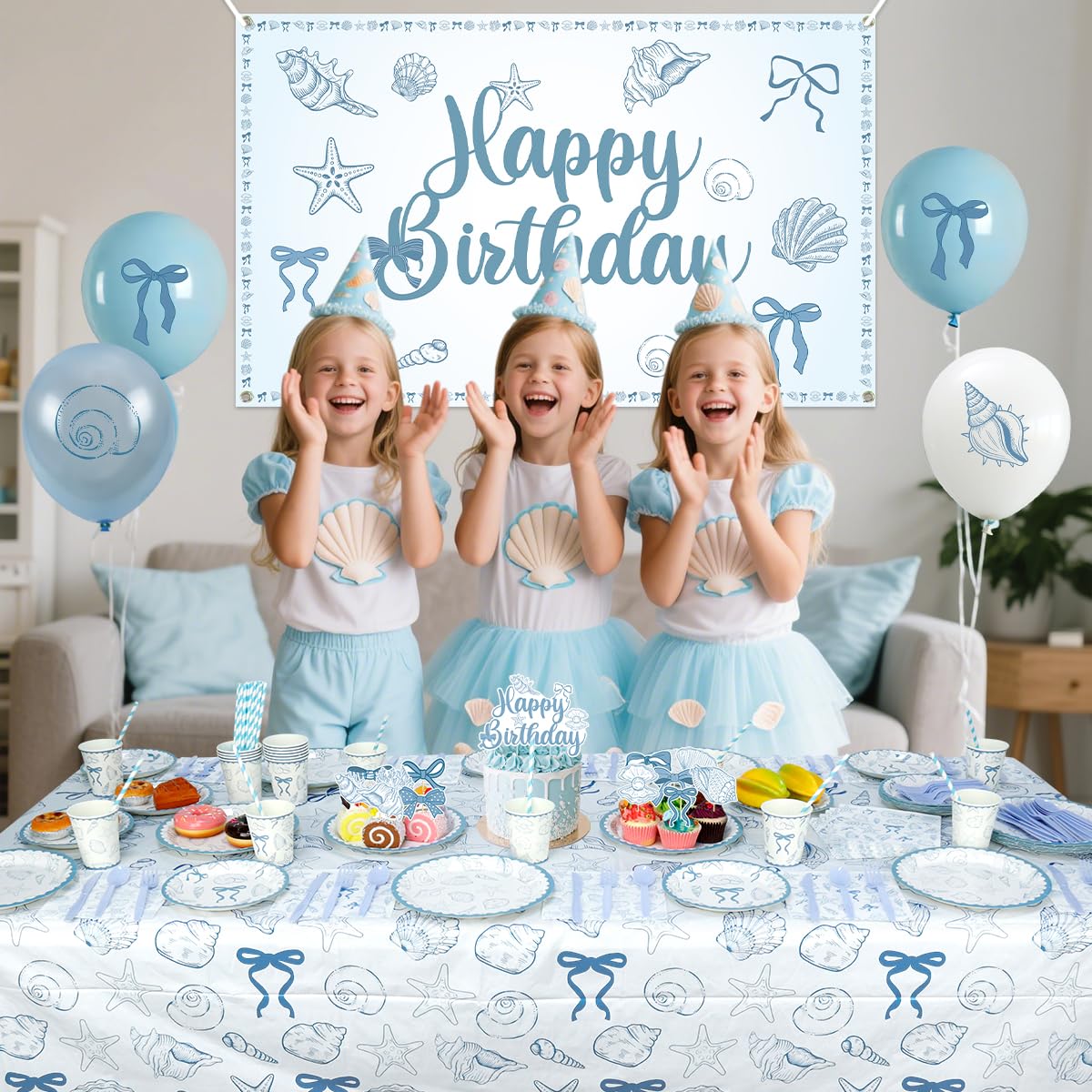 Seashell Birthday Party Decorations-20 Guests-Coastal Birthday Decorations Includes Plates Cups Napkins Tablecloth Backdrop Balloons Cake Topper Tableware for The Summer I Turned Pretty Party Decor