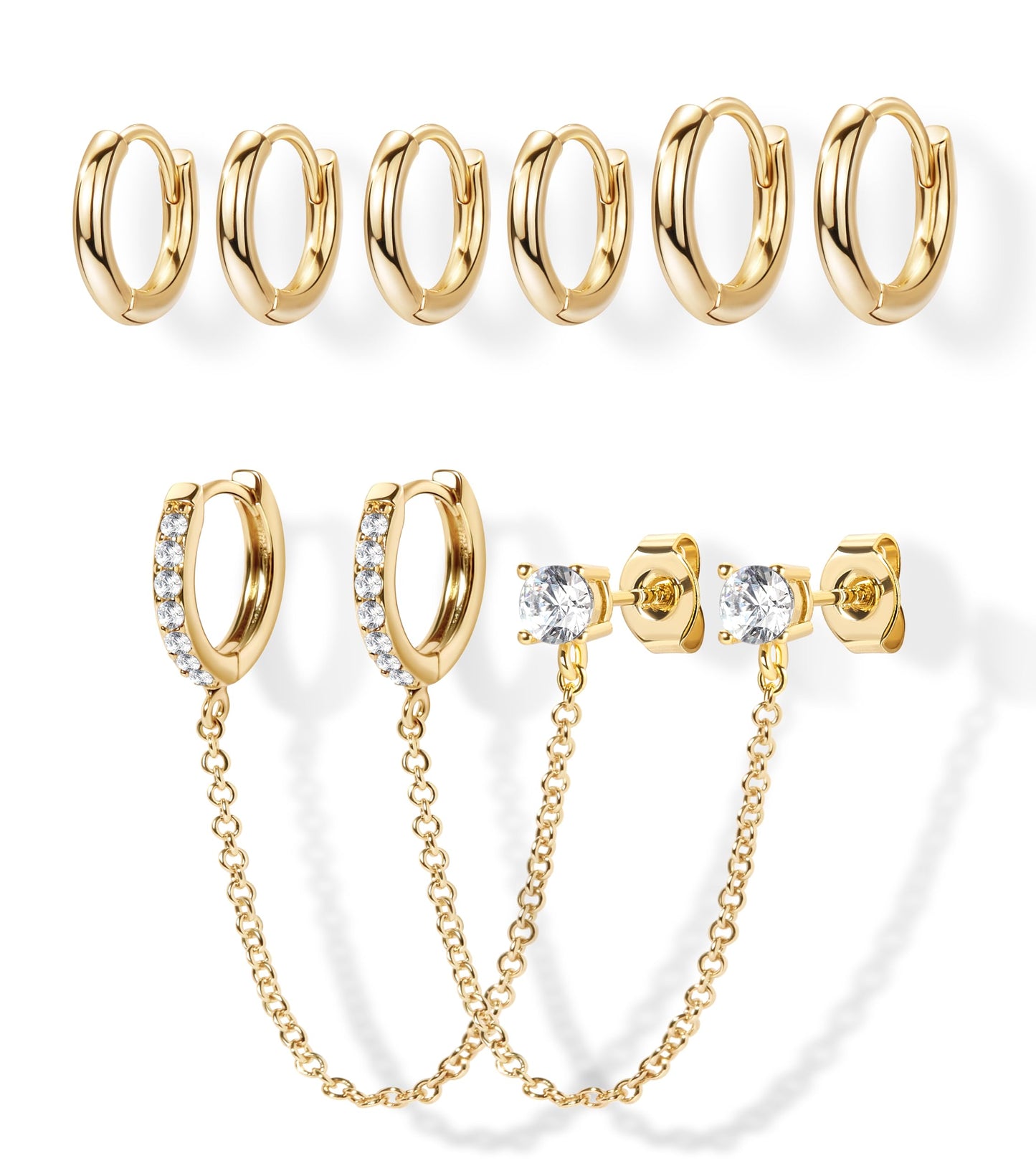 Gold Chain Hoop Stud Earrings for Women, Huggie Small Stack Cartilage Chain Hoop Stud Earring Sets for Multiple Double Piercing, Conch Helix Rook Tragus Daith Piercing Clip On Jewelry Set Gifts for Women