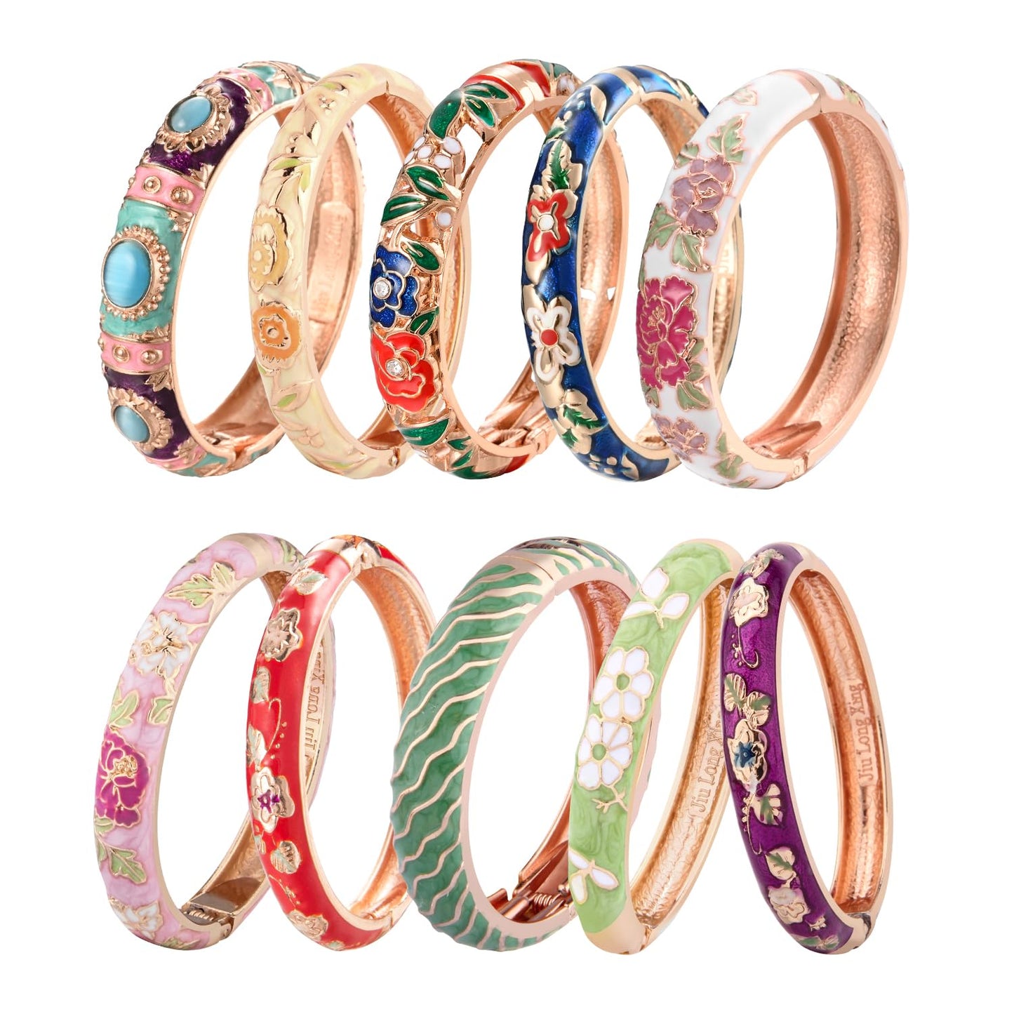 UJOY Random Pack Colors Enamel Jewelry Set Flower Engraved 10 PCS Cloisonne Bracelets in a Box