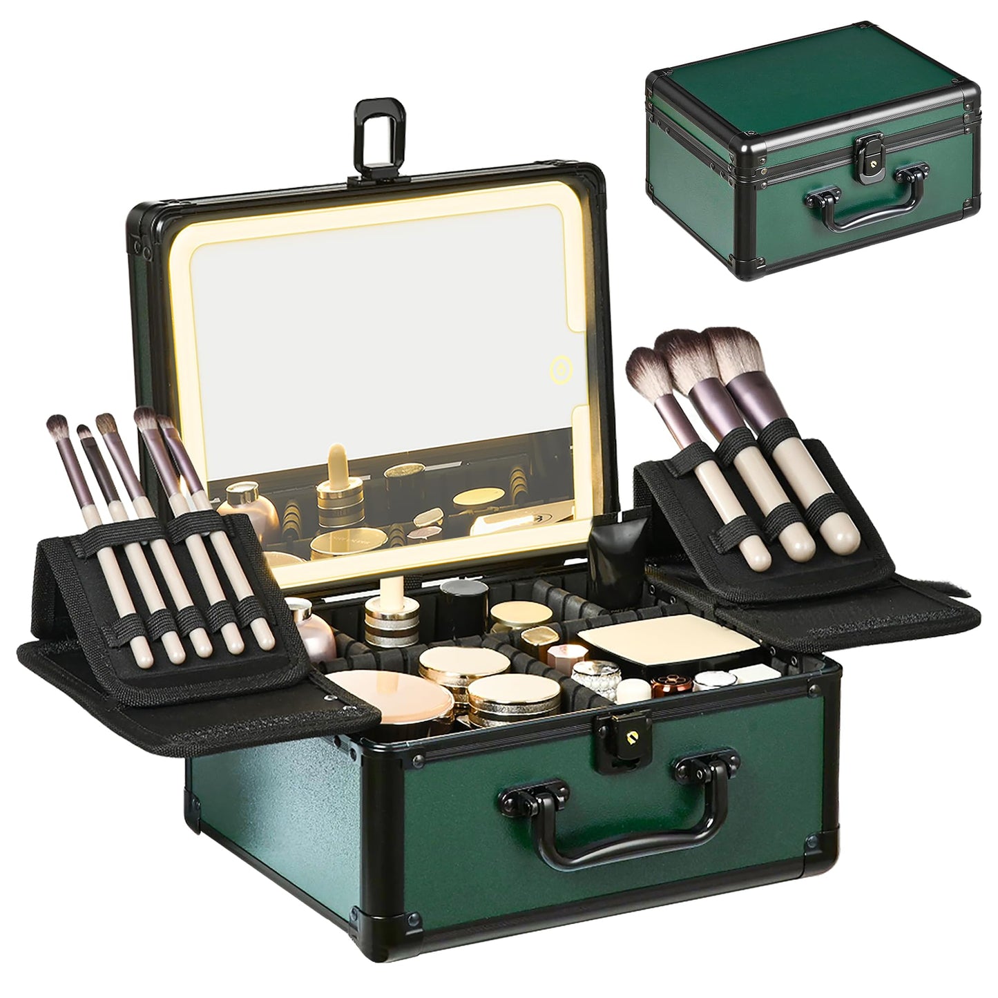 GALHUBIS Makeup Case with Lighted Mirror, Makeup Box Organizer with Detachable LED Mirror, Travel Makeup Train Case, Waterproof Cosmetic Organizer, Standing Makeup Brush Holder, Gift, Black Green