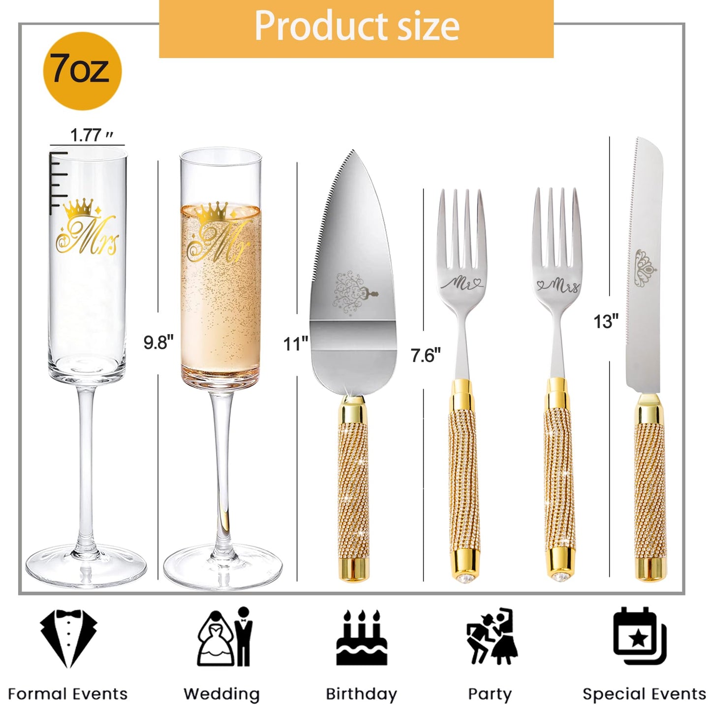 Wedding Cake Cutting Set, Champange Flutes with Cake Knife and Server Set for Bride and Groom Anniversary Engagement Bridal Shower Gifts