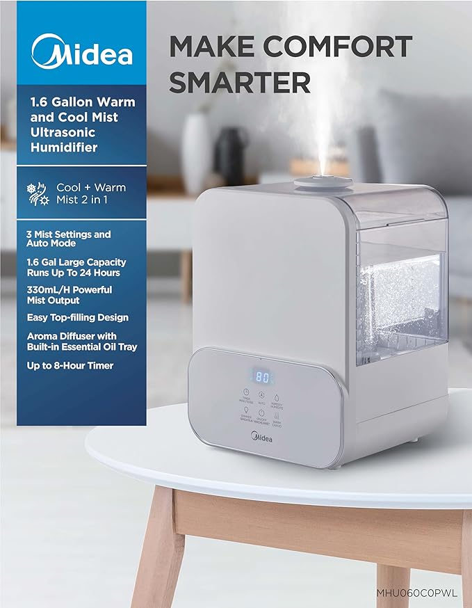 Midea Ultrasonic Humidifier 1.6Gal Aroma Diffuser White SCK-3Q60B