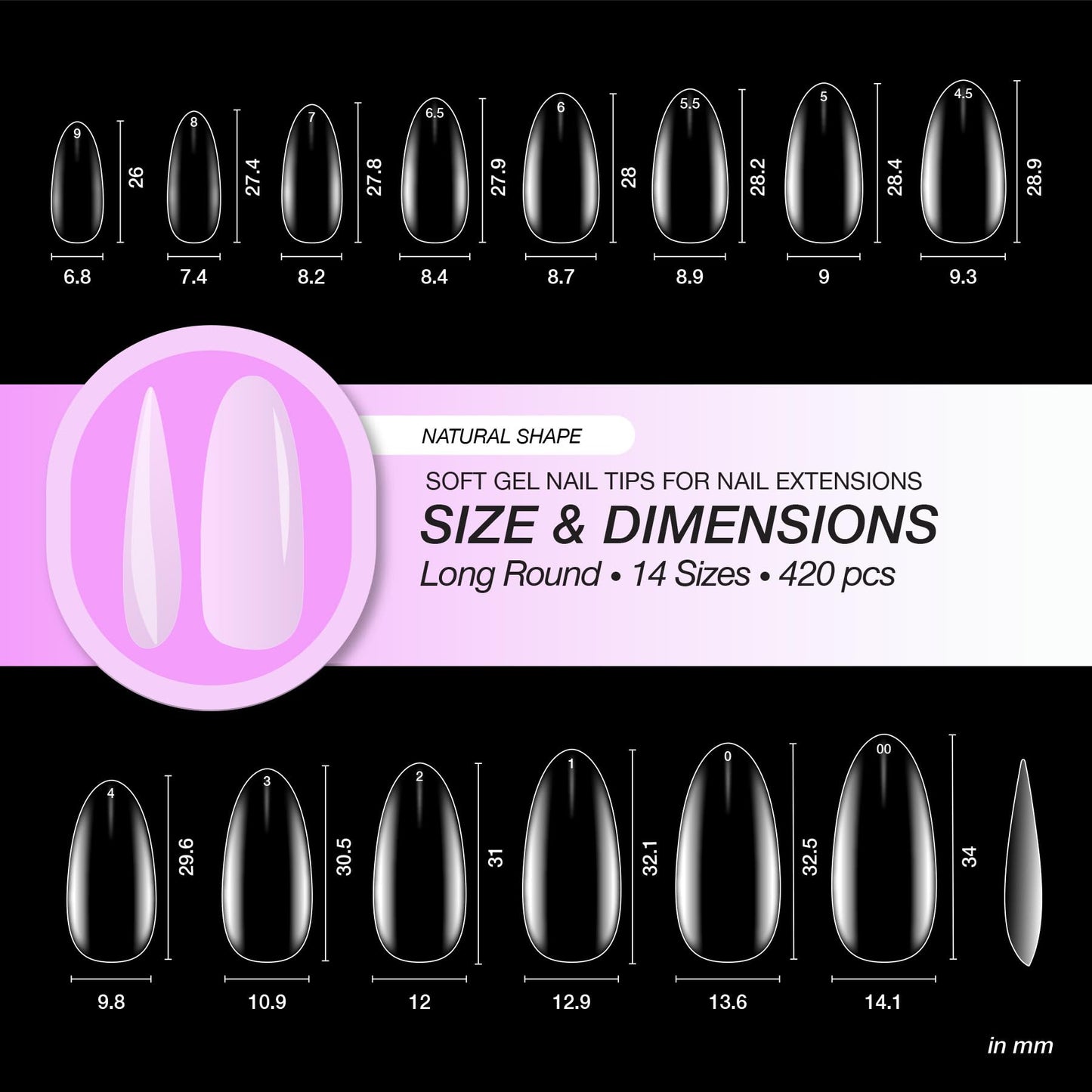 Curacoro Natural Long Round Gel Nail Tips 420Pcs, Clear Full Cover Soft Acrylic Tips 14 Sizes, Easy to Use, Long-Lasting, Glossy Finish