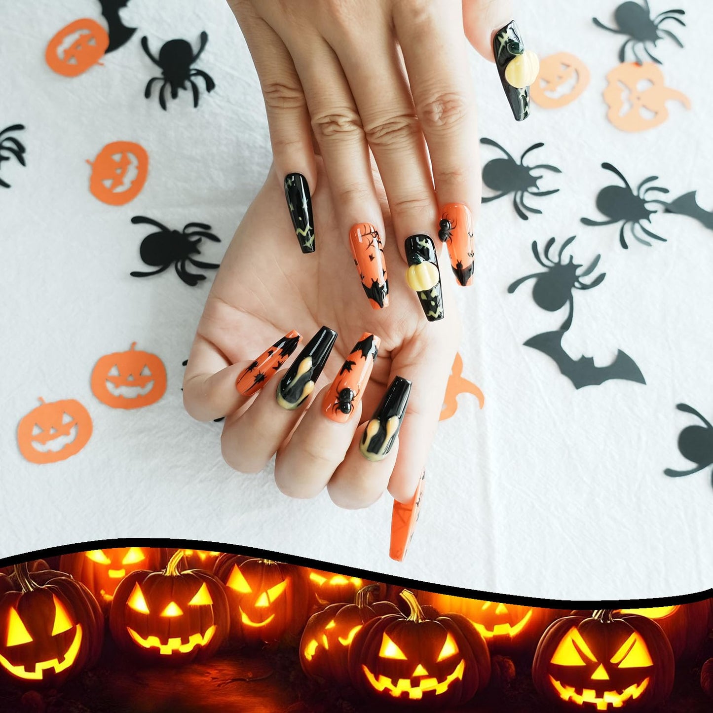 Tesytto Handmade Goth Press on Nails Long Coffin - Black 3D Bat & Spider Web Design, Cool Alt Style Luxury Glue on Nails (Pumpkin Bat Silhouette,M)