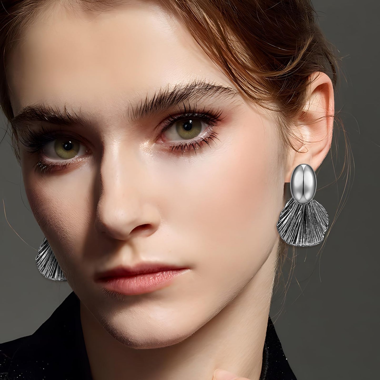 FILMOON Dangle Shell Earring for Women Two-Tone Fan-shaped Black Earrings Fashion Statement Jewelry