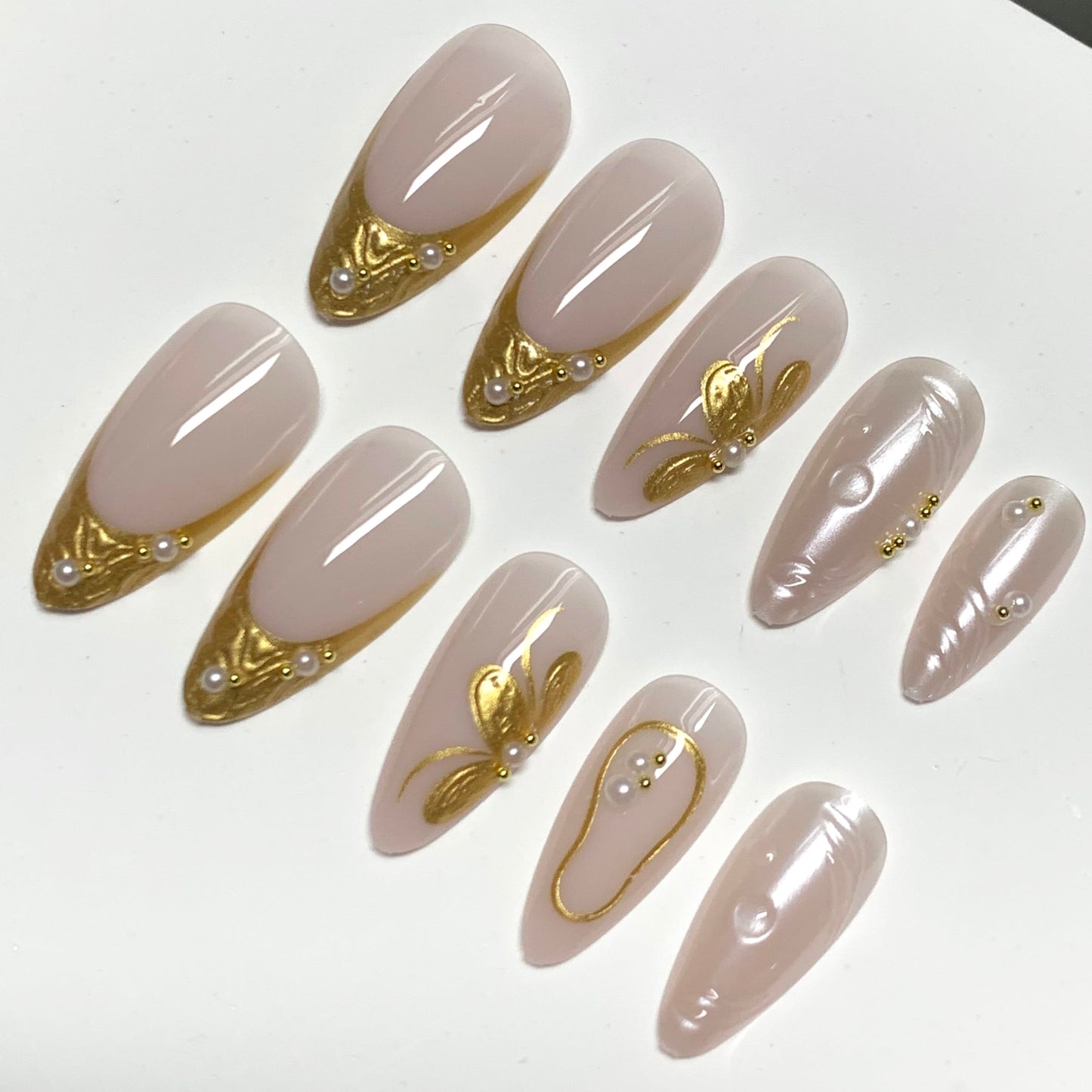 BABALAL Press On Nails, Medium Almond Fake Nails, White Full Cover,Gold Chrome 3d Flower Design, Pearl Swirl, Luxury Glossy Glue On Nails 24Pcs Reusable