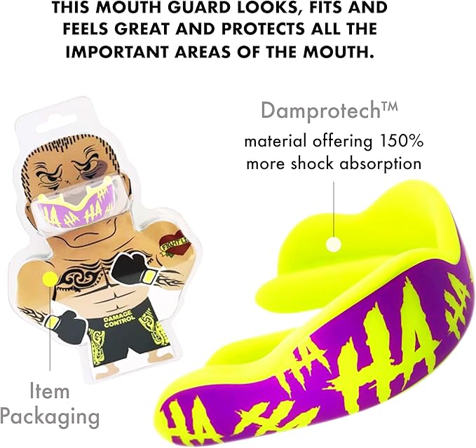 DAMAGE CONTROL High-Impact Mouth Guard – Sports Mouthguard for Boxing, Football, Hockey, Lacrosse & Basketball, Protects Teeth & Jaw, Protective Mouthpiece for Adults & Youth (Youth, HA HA HA 2.0)