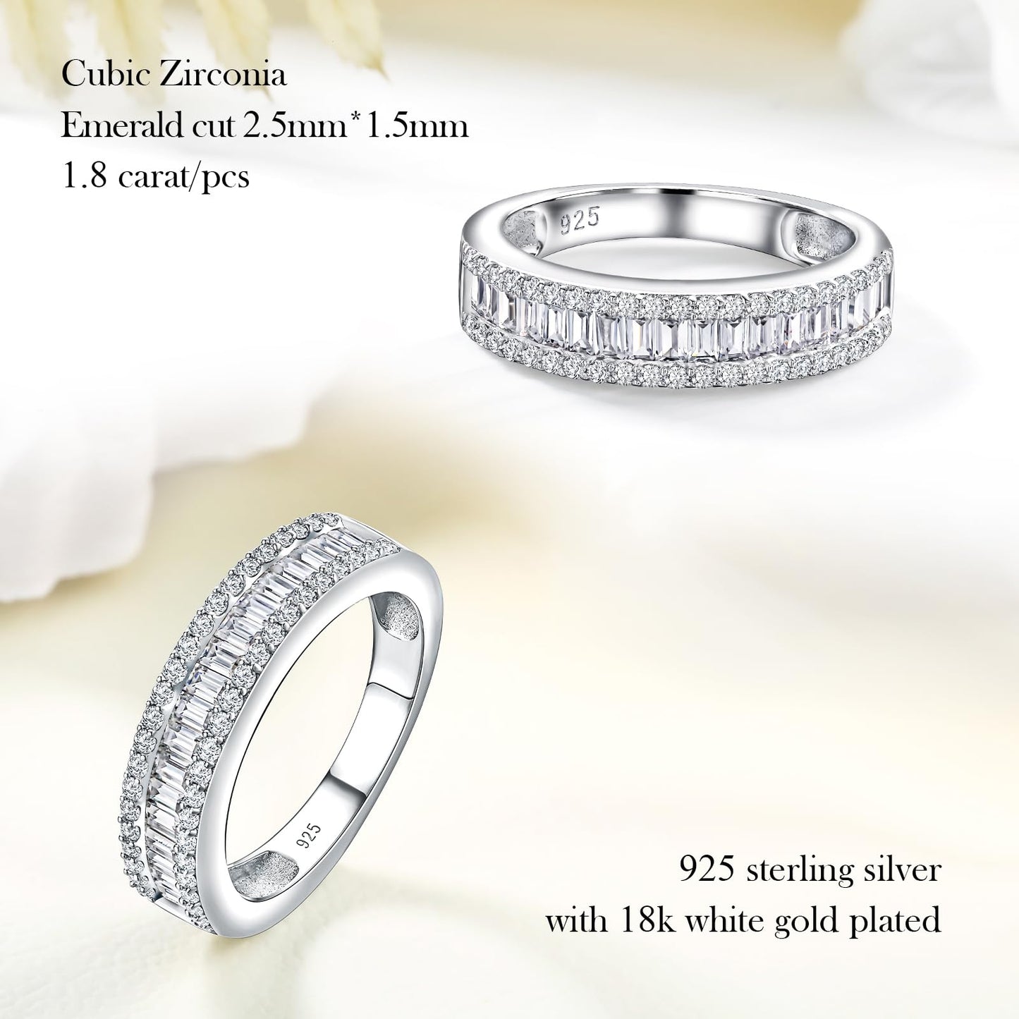 RANDES Cubic Zirconia Wedding Bands for Women Men 925 Sterling Silver Diamond Emerald Cut Eternity Band Rings Size 10.5