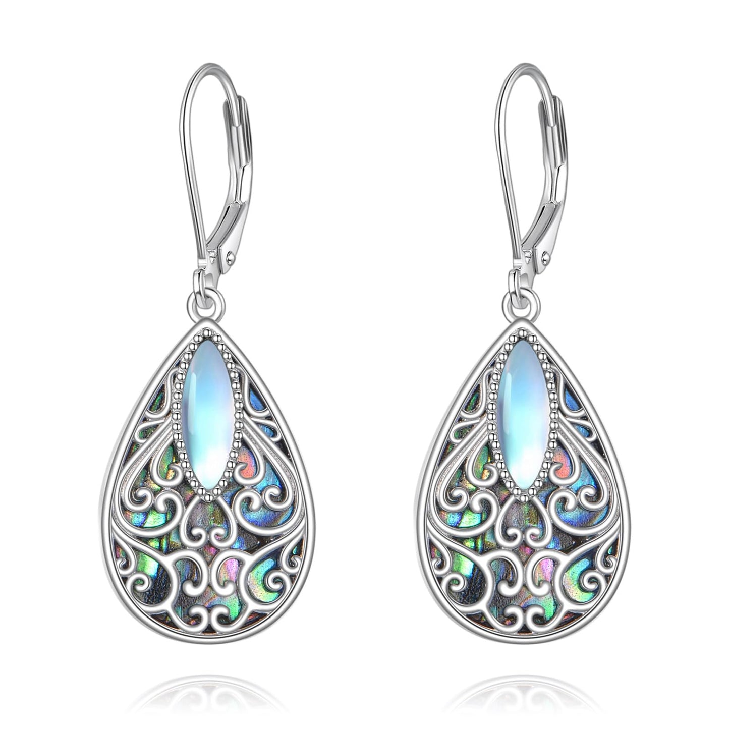 Filigree Earrings Sterling Silver Teardrop Abalone Shell Drop Dangle Earrings Filigree Leverback Earrings Jewelry