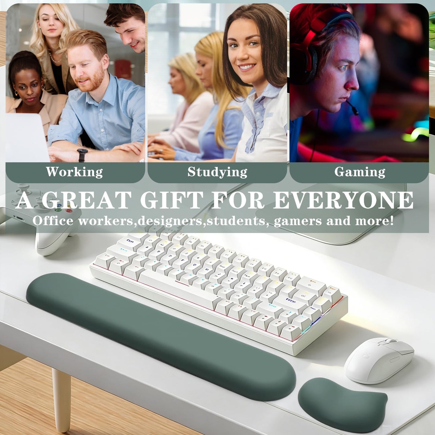 Wrist Rest for Keyboard and Mouse Pad, Ergonomic Memory Foam Keyboard Wrist Rest Set, Luxe Leather, Non-Slip Desk Accessories for Office and Home (Green)