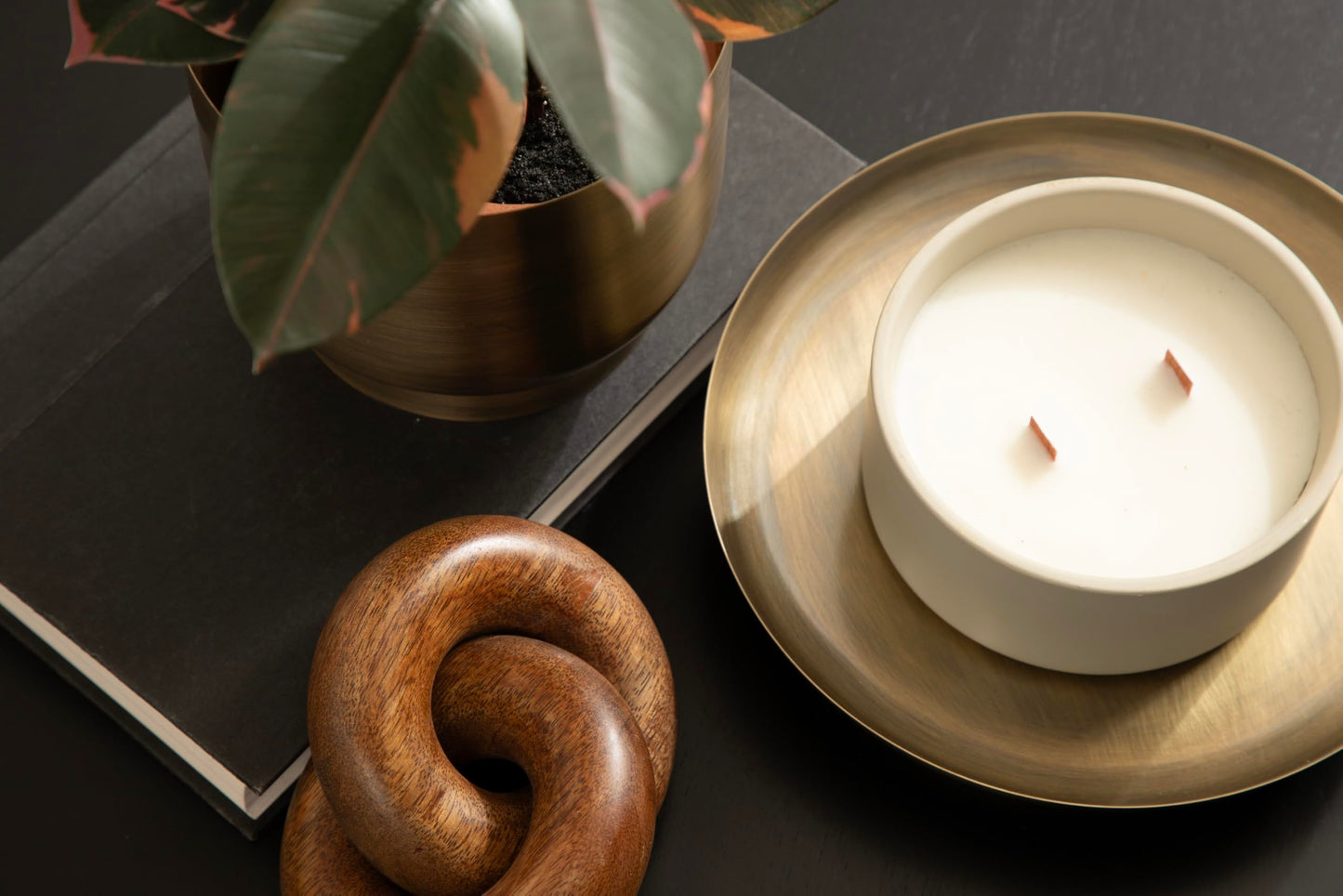 Kate and Laurel Anaya Wooden Three-Piece Decor Accent Set, Walnut Brown and Antique Brass, Set of 3, Modern Tabletop Decor Set Including Planter Pot, Accent Tray, and Wooden Knot