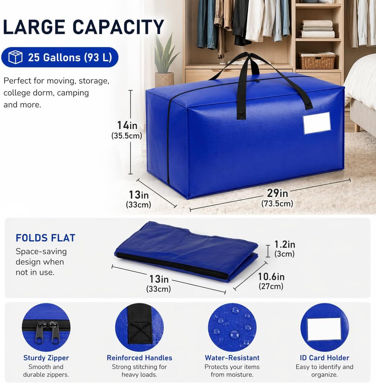 4 Pack Dorm Moving Bags with Backpack Straps Heavy Duty Moving Boxes Supplies Packing Cubes Alternative,Large Storage Totes Travel Space Saver Bags for Room Essentials,Stow Clothes 93 L 25 Gallons