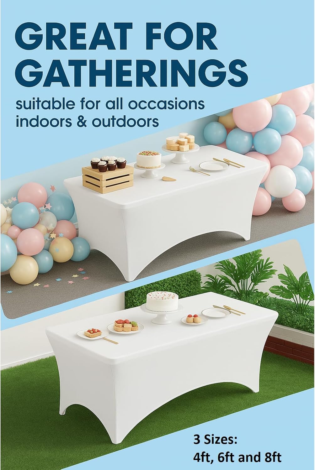 Craft And Party 6 Pack 8ft White Spandex Tablecloth – Fitted Stretch Cover – Universal Fit for Folding Tables – Wrinkle-Free, Washable – Ideal for Parties, Weddings, Events