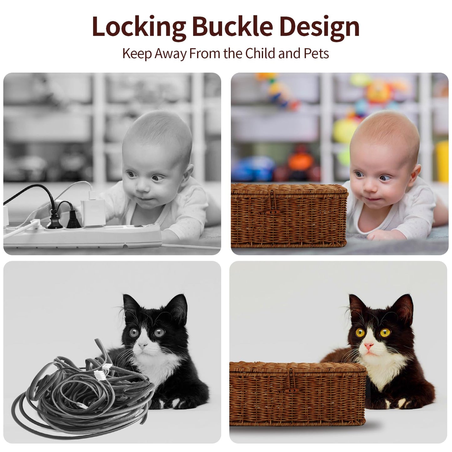 Cable Management Box, Desk Handwoven Rattan Cord Hider Cable Organizer Box With Lid Button Lock, Power Strip Cover Wicker Decorative Basket, Floor Wire Hiding Extension Cord Box (dark brown)