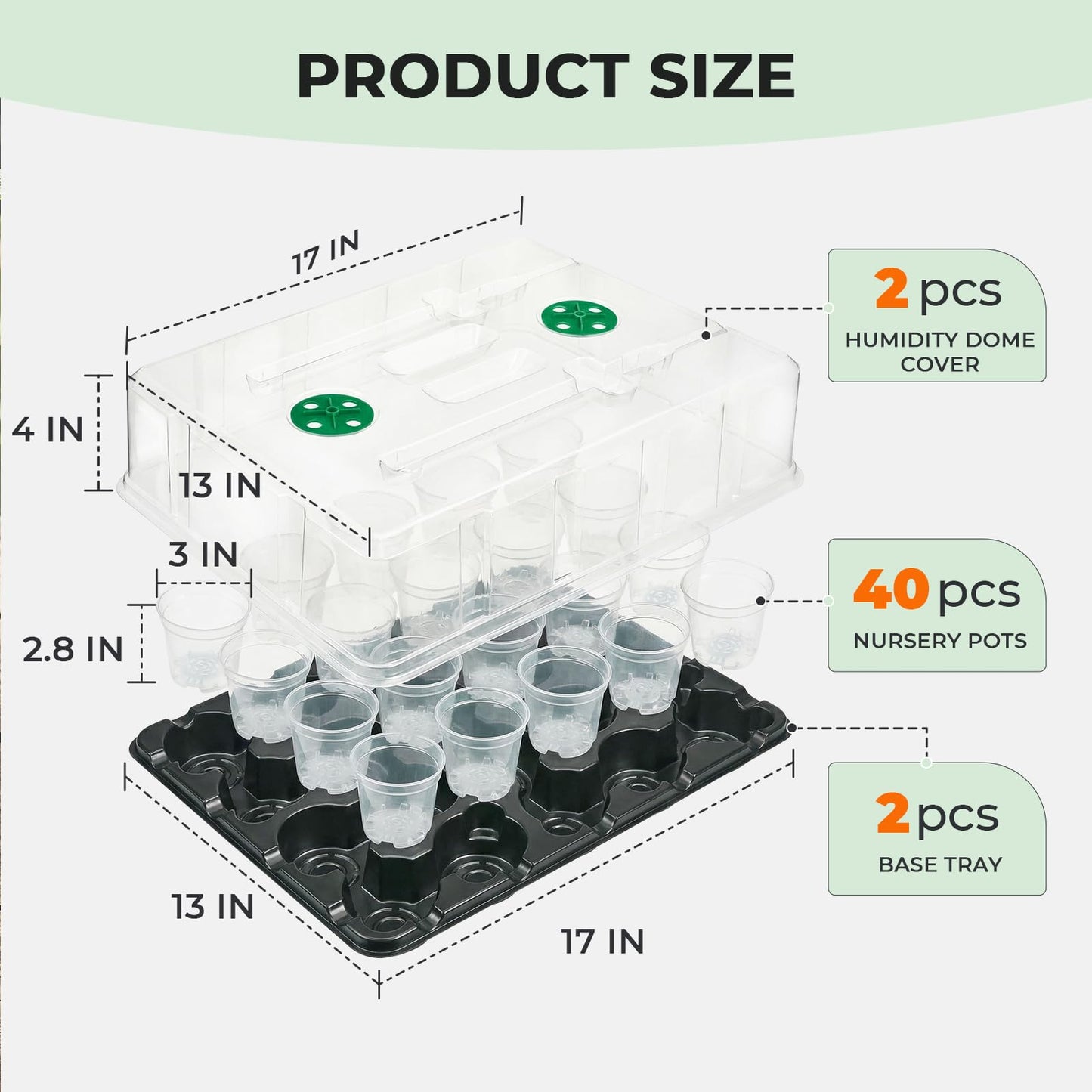 homenote 3 Inch Seed Starter Trays 2 Pack with Humidity Dome, 20-Cell Seedling Starter Trays,Plant Starter Germination Trays for Pot Seedlings for Indoor Outdoor with 40 Pcs 3" Nursery Pots