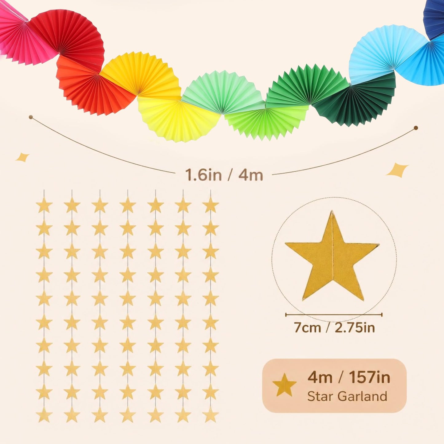 YooNotee 500 Sheets Paper Chain Strips and 4 PC Mirror Star Garland 3 Paper Fan Garland Garlands for Birthday Graduation Wedding Bachelorette Christmas Ceiling Hanging Decorations